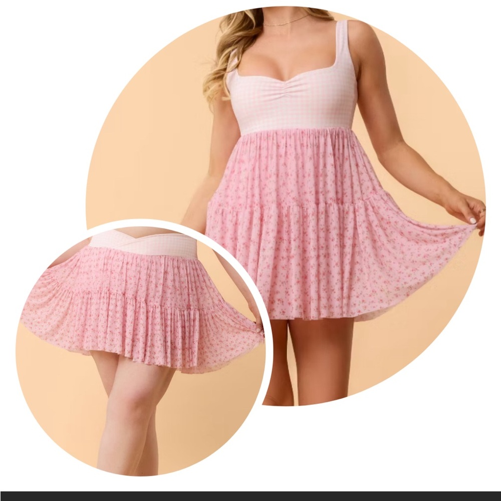 2pcs Blogilates Women's Sweetheart Babydoll Dress & Skort  Pink Gingham  Medium